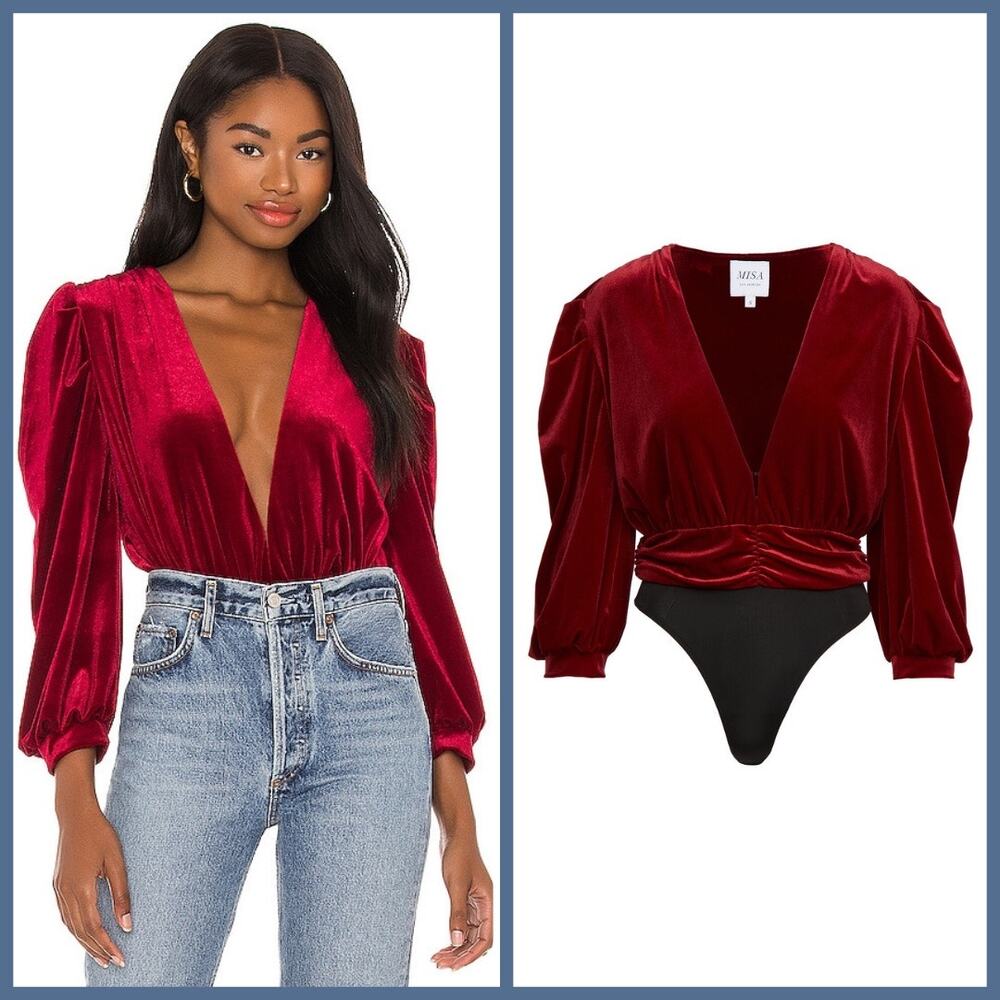 Misa Los Angeles Ari Velvet Bodysuit In Ruby Size S - Picture 1 of 11